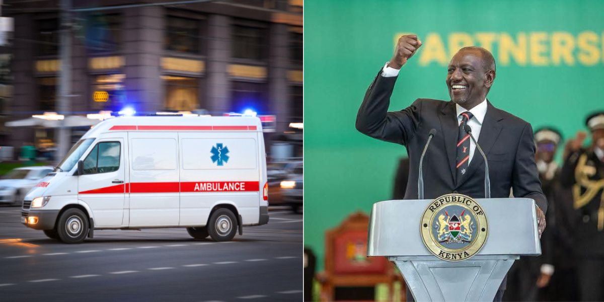 Photo collage of President William Ruto speaking at the 95th St John Ambulance Annual Parade and Inspection at State House, Nairobi on June 21, 2026 (right) and an ambulance (left). /PCS.VANTAGE KE