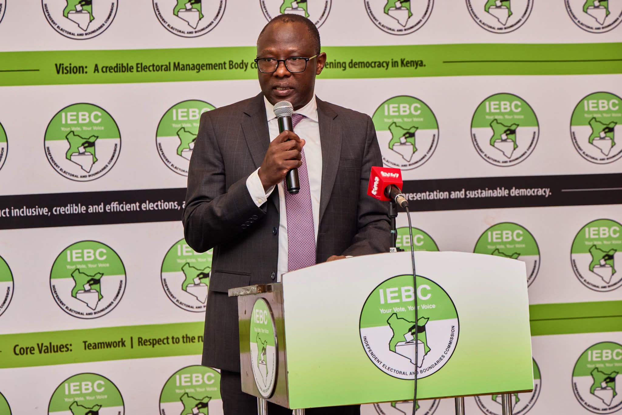 IEBC chairperson Erastus Ethekon speaking during the launch of the Pre-Election Dispute Resolution Report for the 2022 General Election on July 9, 2025. /IEBC