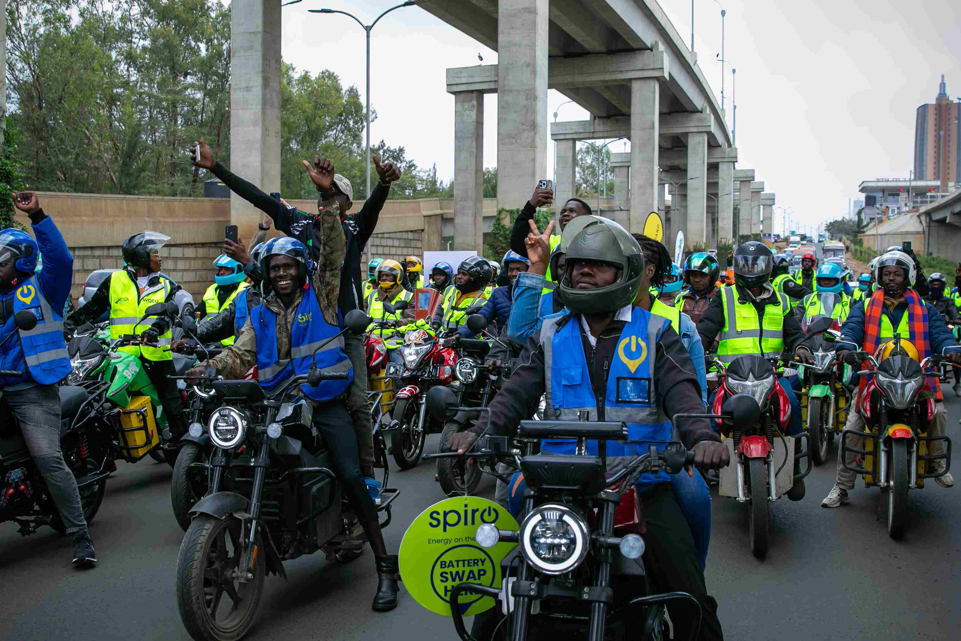 A photo of electric boda boda riders in Nairobi along Uhuru Highway during a campaign drive by Spiro. /SPIRO