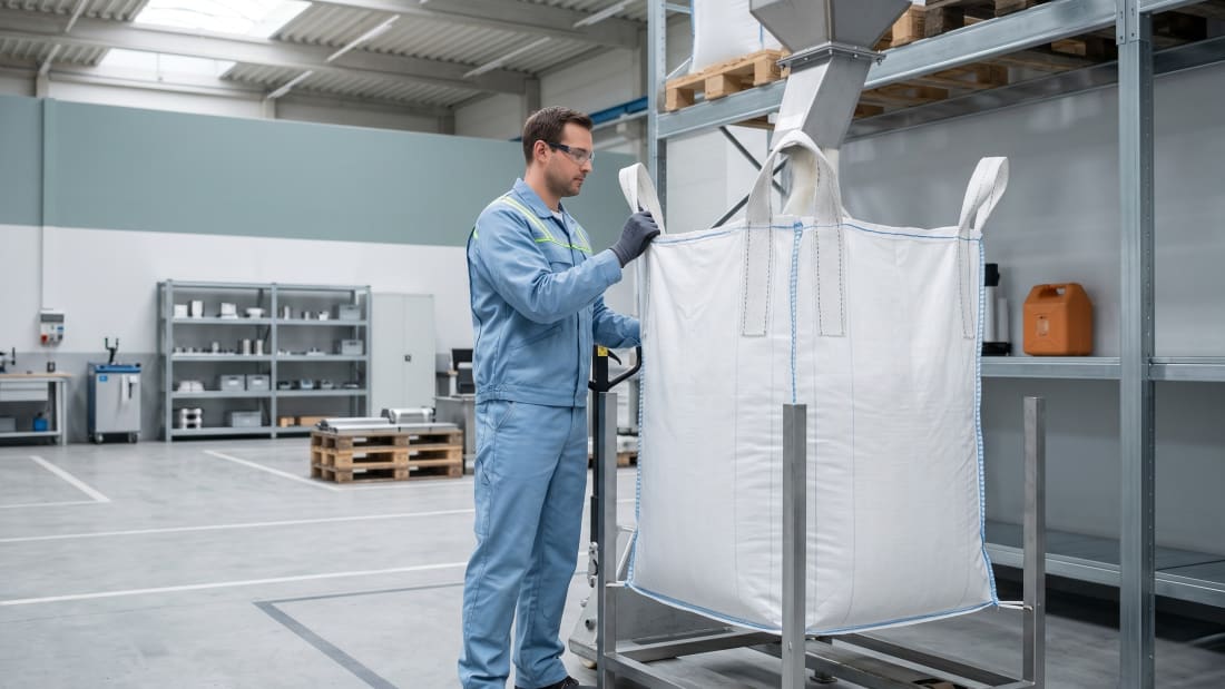 Industrie-Müllsack wird mit Abfall befüllt