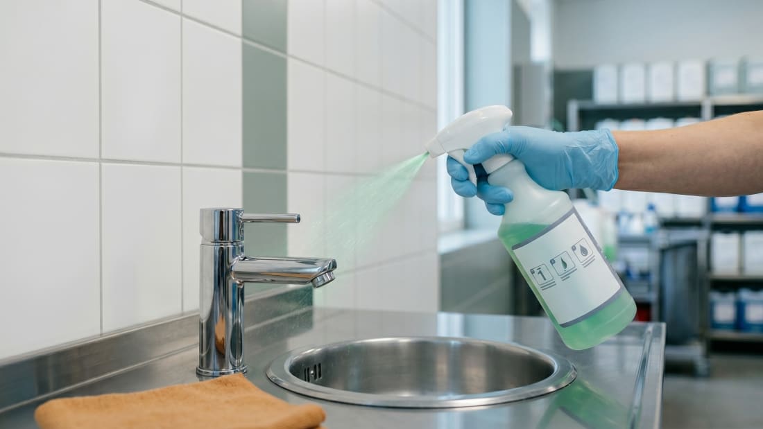 Sanitärreiniger wird auf eine verchromte Armatur gesprüht