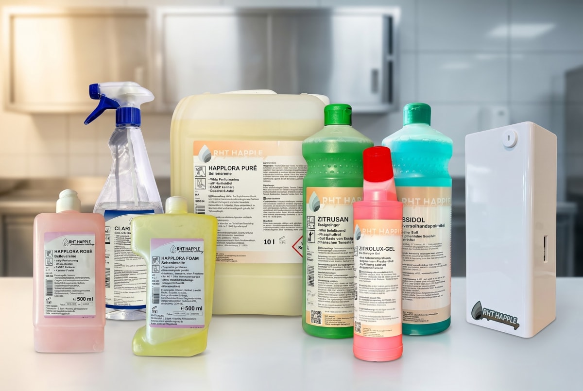 RHT Happle Professional Cleaning Eigenmarke: Happlora Foam, Pure, Rosé, Clarixal, Zitrusan, Zitrolux-Gel, Essidol und Spender