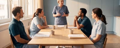 Hygieneschulung im Pausenraum einer Pflegeeinrichtung