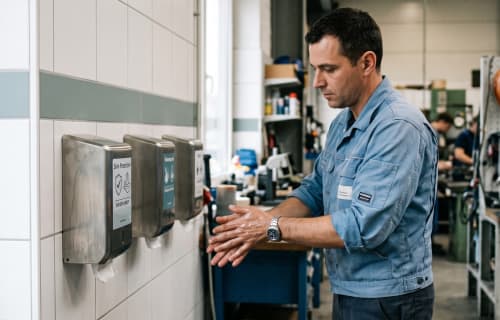 Hautschutzstation in einer Werkstatt, Hautschutzplan nach TRGS 401