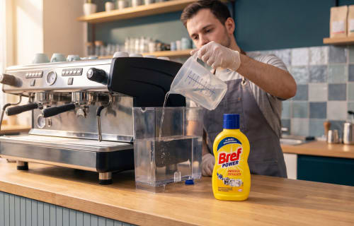 Barista füllt Entkalkerlösung in den Wassertank einer Siebträgermaschine, daneben Bref Power Universal-Entkalker