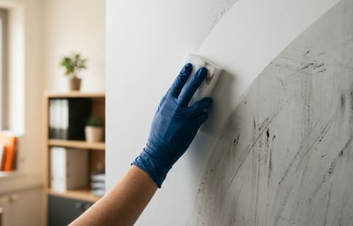 Hand mit Nitrilhandschuh entfernt mit einem Melaminschwamm dunkle Schmutzspuren von einer hellen Wand