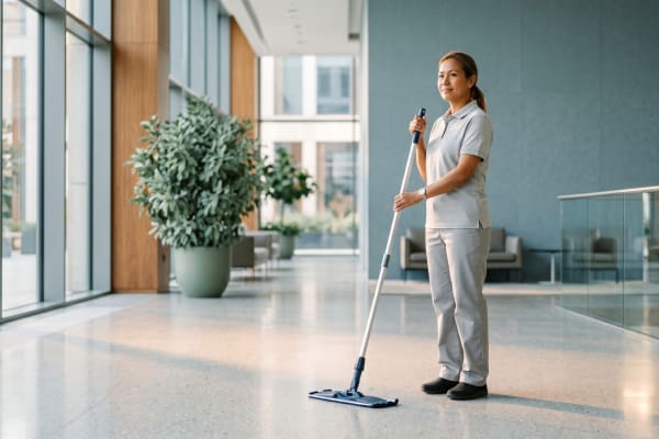 Reinigungskraft in heller moderner Eingangshalle mit ergonomischem Wischsystem im warmen Morgenlicht
