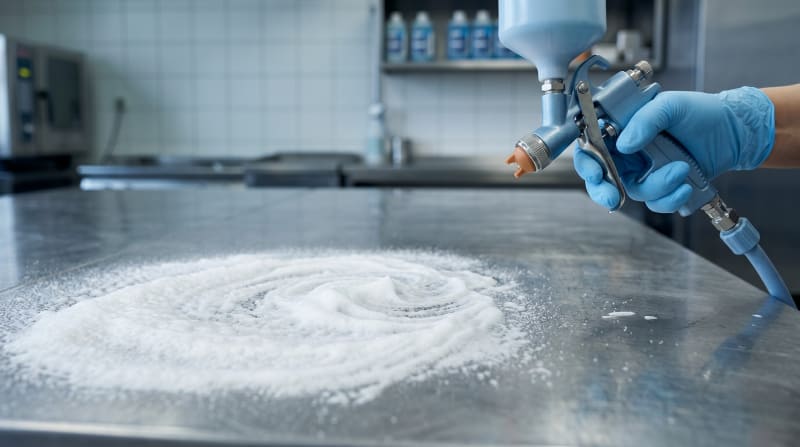 HACCP-Reinigungsplan in einer Großküche mit Schaumreinigung der Edelstahlflächen