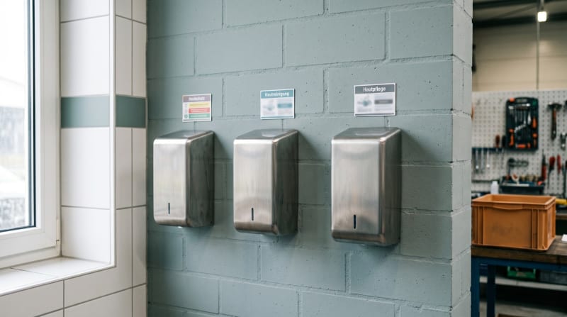 3-Zonen-Hautschutzstation in einer Werkstatt — Hautschutz, Hautreinigung, Hautpflege