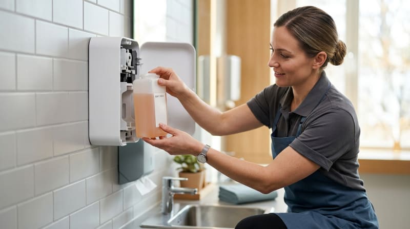 Mitarbeiter wechselt die Kartusche eines wandmontierten Seifenspenders