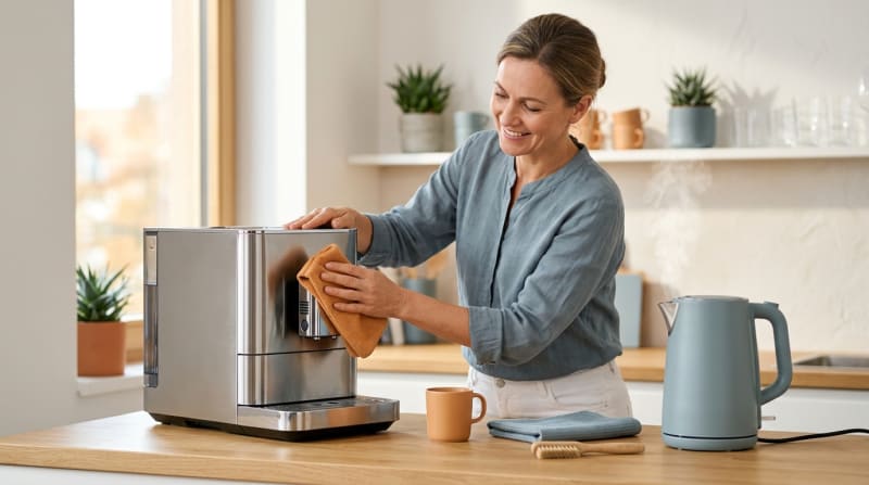 Person wischt einen Kaffeevollautomaten in einer hellen Teekueche ab