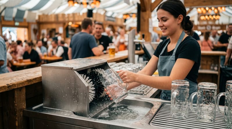 Spülstation hinter einer Festzelt-Theke mit Gläserspülgerät und Bürsten