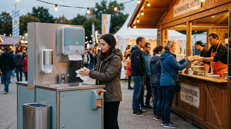 Mobile Handwasch- und Desinfektionsstation neben einer Essensausgabe im Freien bei einem Volksfest