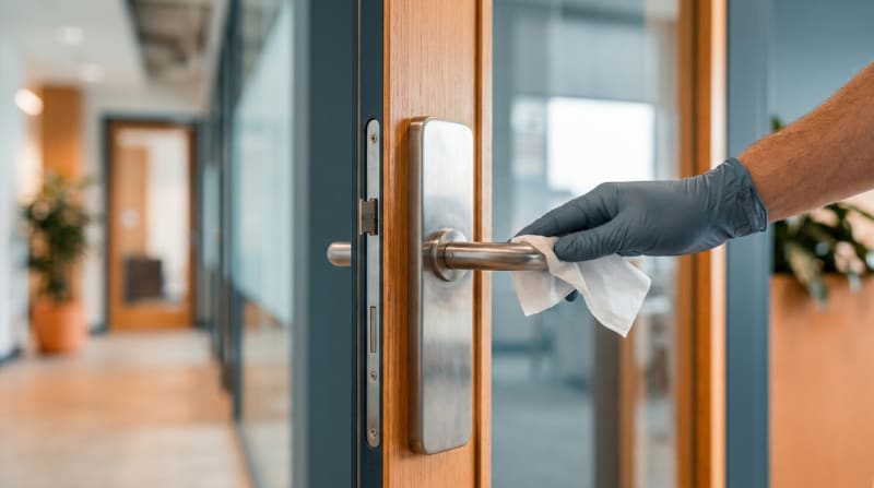 Hand mit Tuch wischdesinfiziert eine Türklinke in einem Bürogebäude