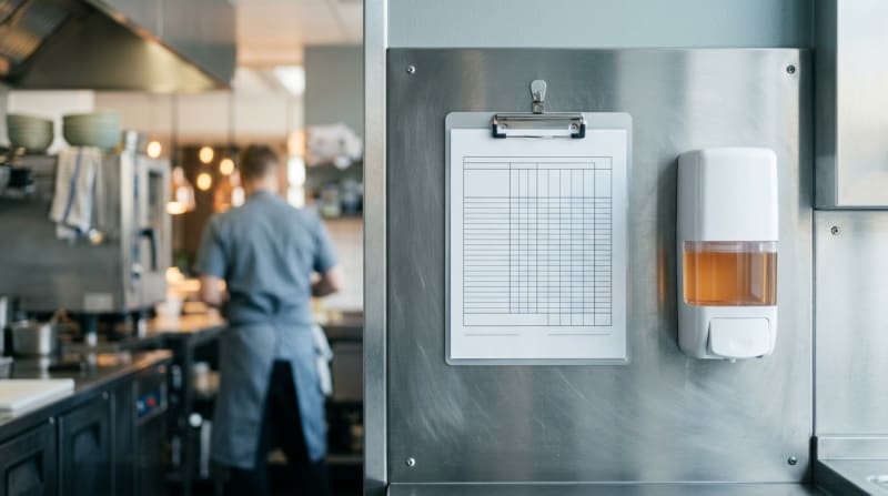 Laminierter Reinigungsplan haengt an einer Edelstahlwand einer Gastrokueche neben einem Desinfektionsspender