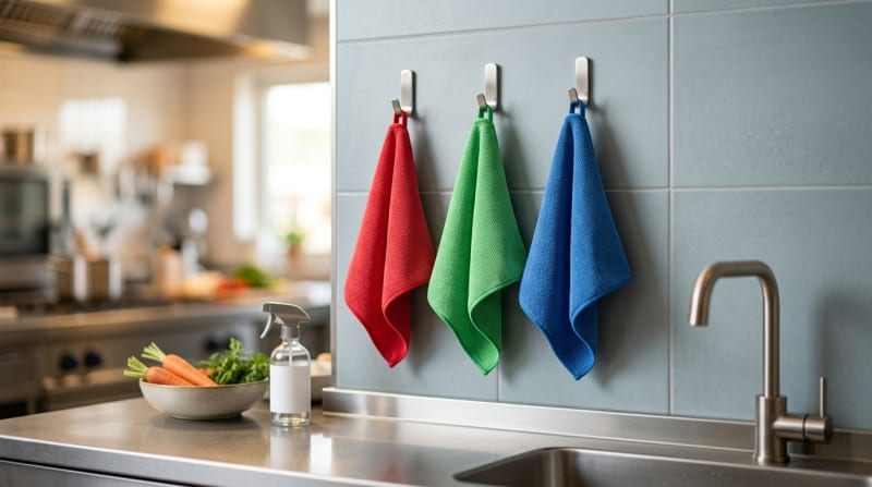 Farbcodierte Reinigungstücher in Rot, Grün und Blau hängen an Haken in einer Gewerbeküche