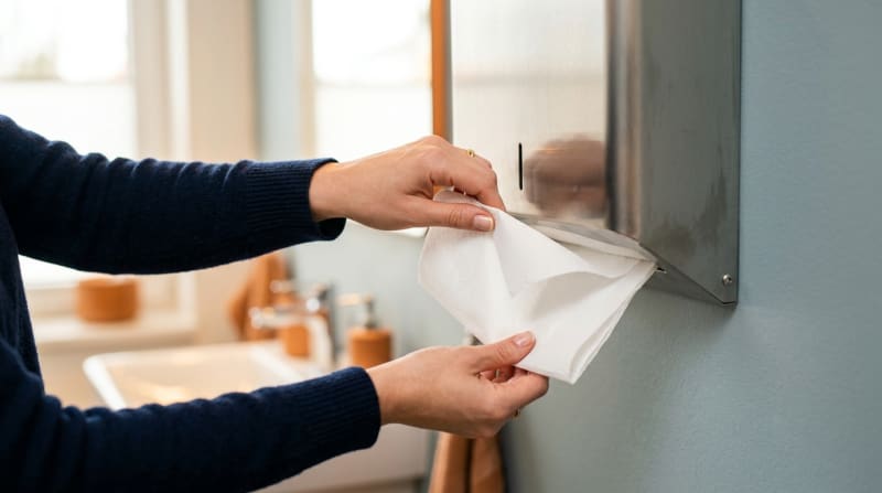 Hände ziehen ein Falthandtuch aus einem wandmontierten Edelstahl-Papierhandtuchspender