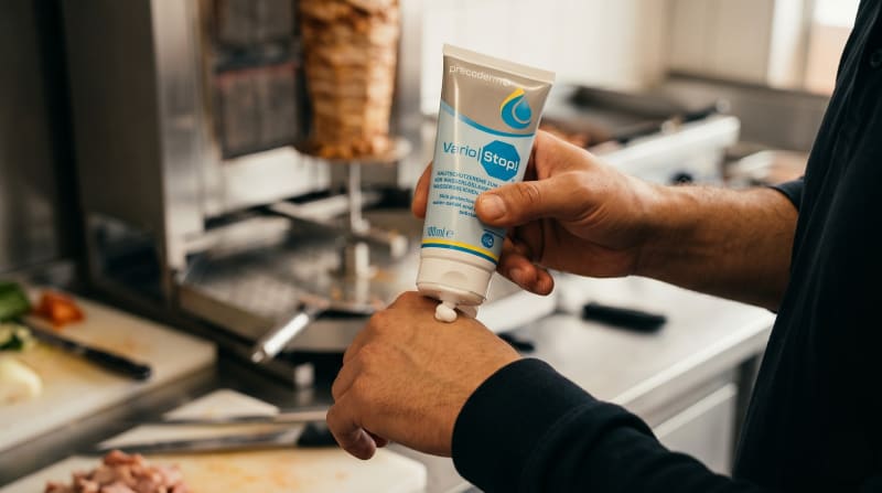 Hände in moderner Imbiss-Küche, professionelle Hygiene mit Schutzhandschuhen und Hautschutzcreme
