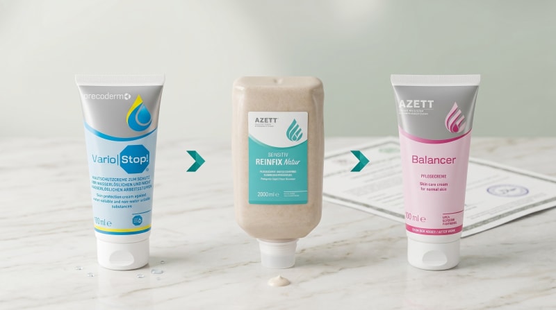 AZETT Hautschutz-Produkte mit Halal Control Zertifikat — Vario Stop Rapid, Reinfix Natur sensitiv, Balancer Sensitiv