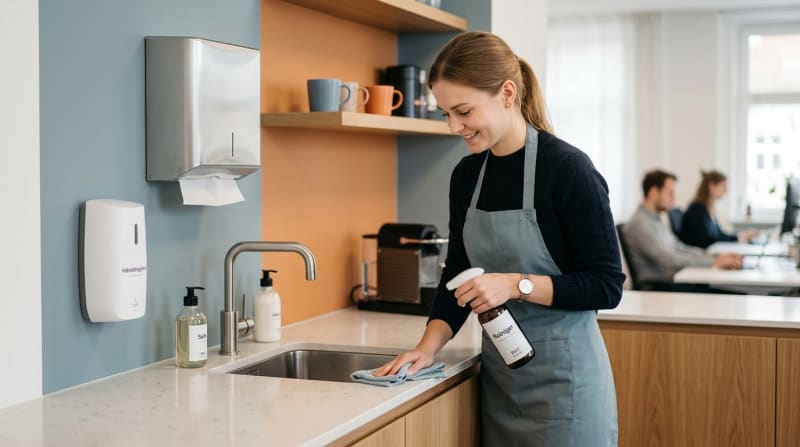 Person reinigt die Arbeitsfläche einer modernen Büroküche mit Seifenspender und Papierhandtuchspender an der Wand