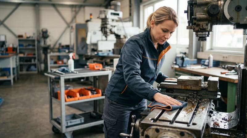 Person wischt eine Industriemaschine mit einem Tuch in einer Werkhalle ab