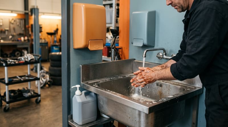 Verschmutzte Hände werden an einer robusten Handwaschstation in einer Werkstatt gewaschen