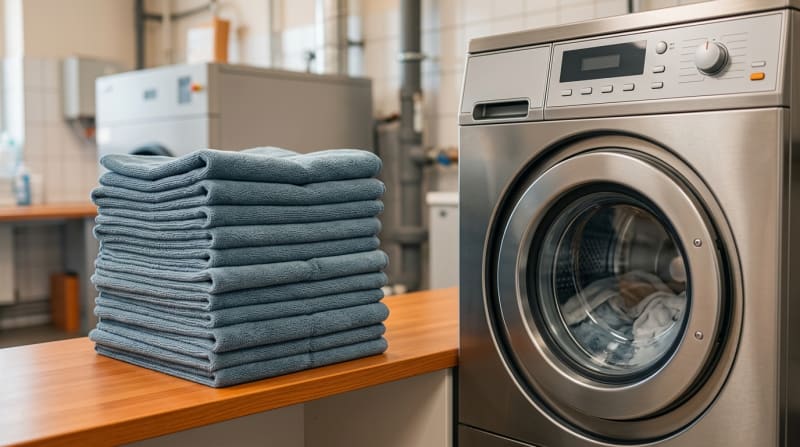 Saubere gefaltete Mikrofaser-Moppbezuege neben einer gewerblichen Waschmaschine