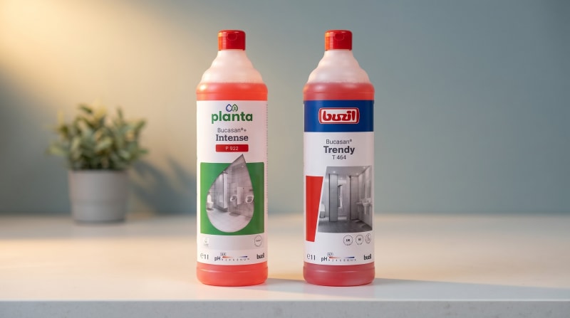 Direktvergleich Sanitärreiniger-Konzentrate: Planta Bucasan Intense (mit EU Ecolabel + Cradle to Cradle Silver) neben Buzil Bucasan Trendy (ohne Eco-Siegel)