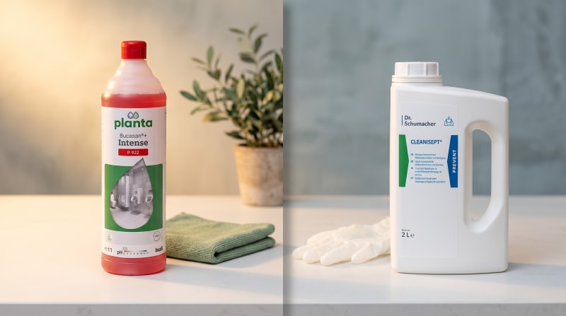 Hybridansatz: links Planta Bucasan Intense Öko-Reiniger mit Mikrofasertuch, rechts Dr. Schumacher Cleanisept Pflicht-Desinfektion mit Einmal-Tuch