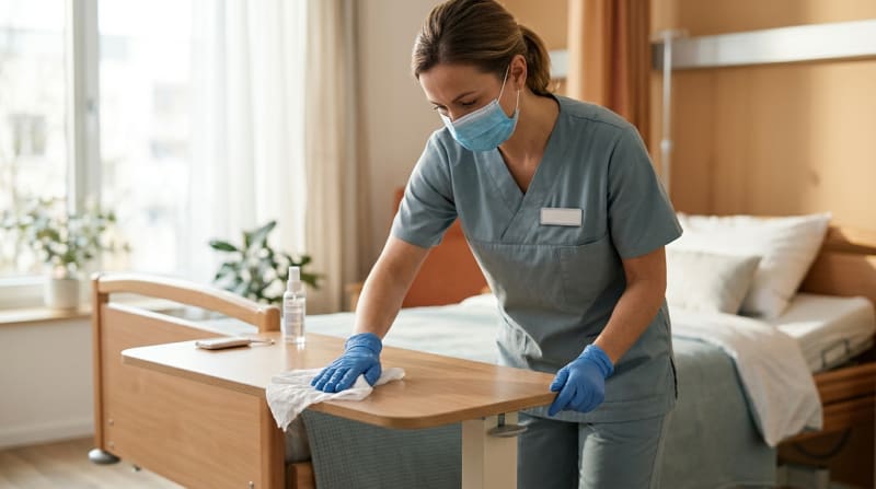 Pflegekraft wischdesinfiziert mit Handschuhen einen Nachttisch in einem hellen Bewohnerzimmer