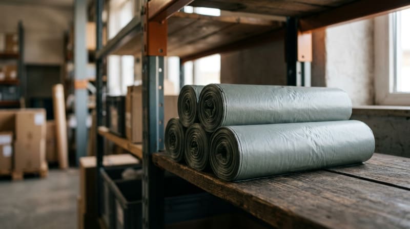 Rollen von grau-grünen Recycling-Müllbeuteln mit hohem Rezyklatanteil im Regal