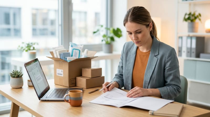 Person prüft Lieferdokumente neben Produktverpackungen aus Karton in einem hellen Büro