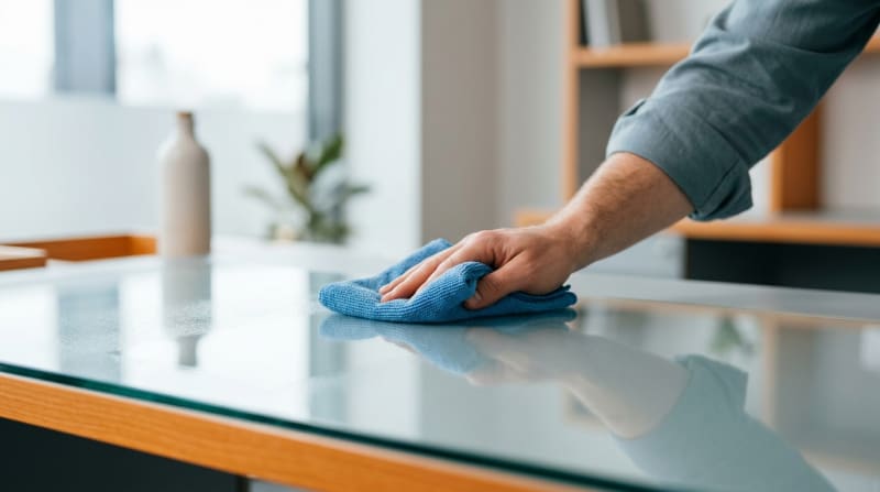 Blaues Mikrofasertuch wischt streifenfrei über eine Glasfläche