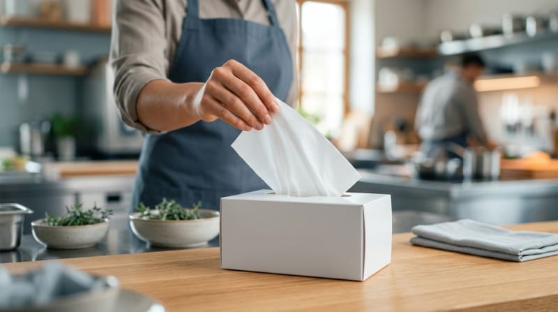 Weisse Vliestuecher werden aus einer blanko Spenderbox gezogen