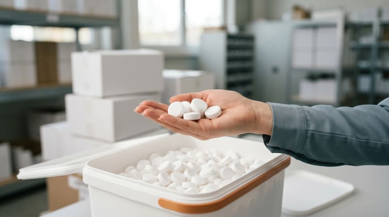 Weisse runde Salztabletten in einer Hand, im Hintergrund ein Vorratsbehaelter