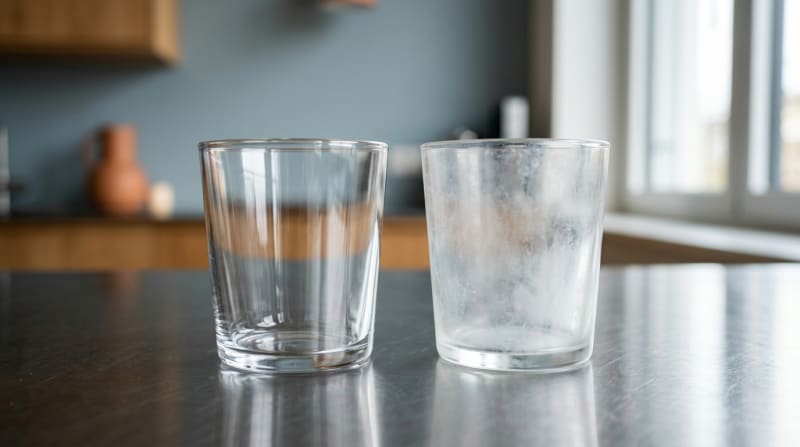 Zwei Trinkglaeser im Vergleich: eines glasklar, eines mit milchigem Kalkschleier