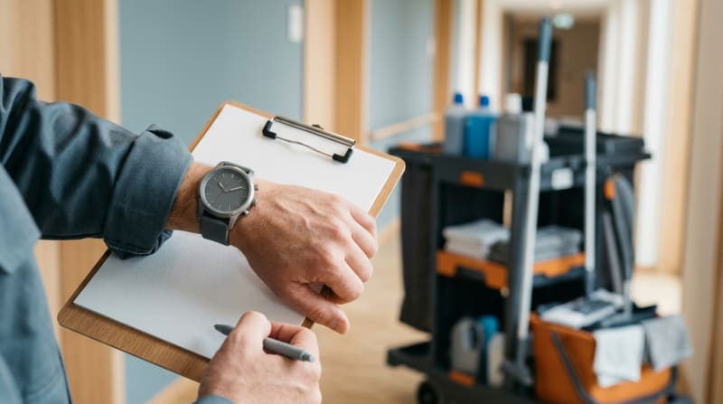 Hand mit Armbanduhr neben einem Klemmbrett, im Hintergrund ein Reinigungswagen