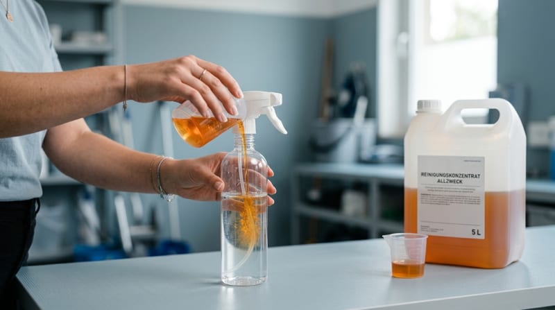 Hände dosieren Reinigungskonzentrat mit einer Dosierhilfe in eine Sprühflasche