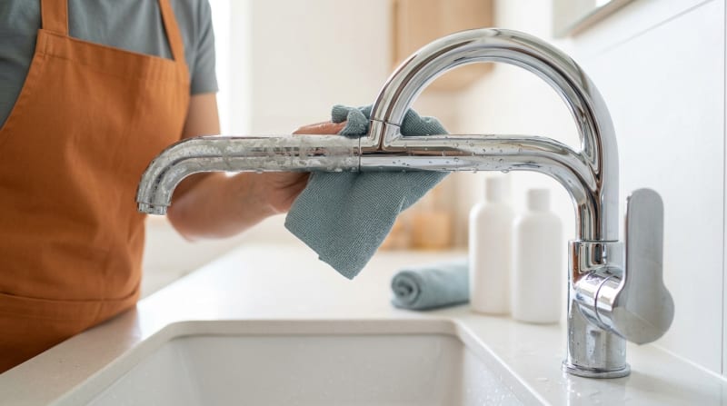Verchromte Armatur wird mit einem Mikrofasertuch gereinigt und glänzt zur Hälfte