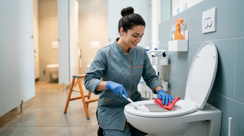 Gewerbliche WC-Kabine wird mit farbcodiertem roten Tuch und WC-Bürste gereinigt