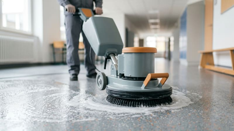 Einscheibenmaschine bei der Grundreinigung eines Linoleumbodens in einem Schulflur