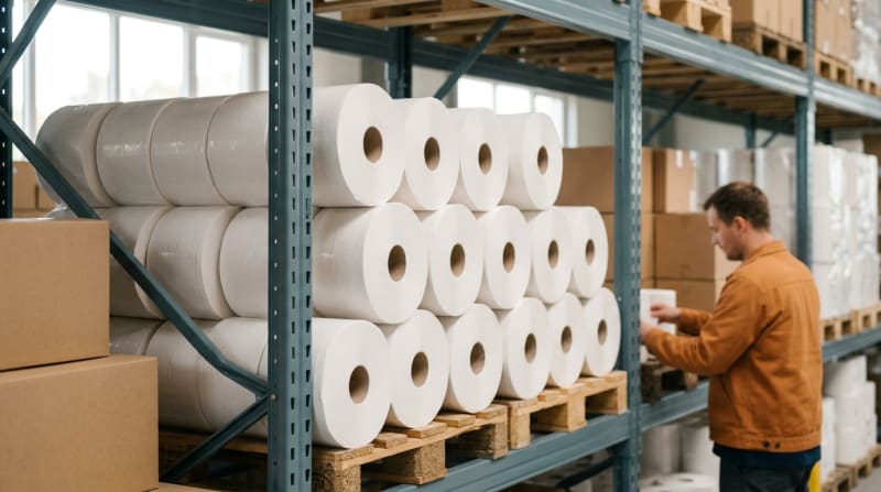 Gestapelte grosse Jumbo-Toilettenpapierrollen in einem Lagerregal