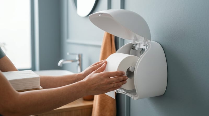 Hände legen eine neue Toilettenpapierrolle in einen wandmontierten Spender ein