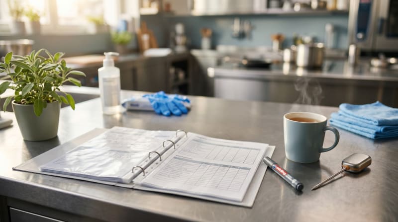 Geöffneter Hygieneordner mit HACCP-Protokollen auf einer Edelstahl-Arbeitsfläche in einer Restaurantküche