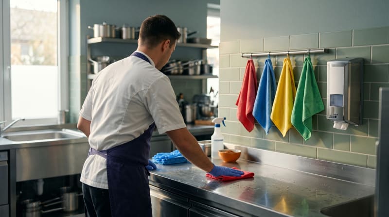 4-Farben-System: vier Mikrofasertücher in Rot, Blau, Gelb und Grün an der Wand einer Restaurant-Spülküche