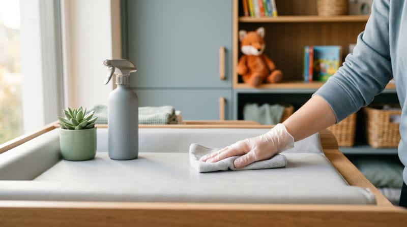 Desinfektion einer Wickelauflage in einer Kita mit Einweghandschuh und Wischtuch