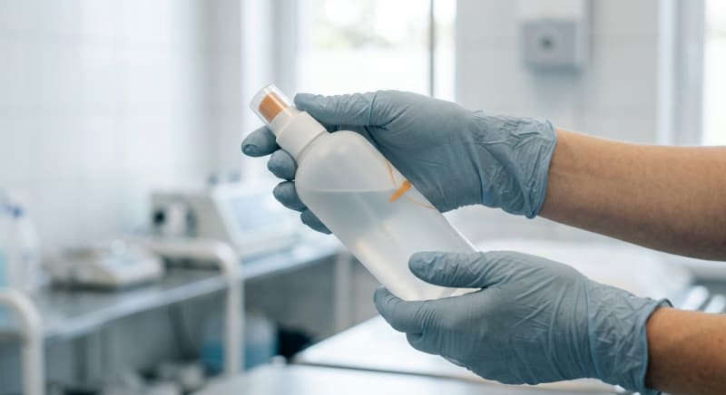 Hände in Nitrilhandschuhen halten eine professionelle Flächendesinfektionsmittel-Flasche zur Prüfung der VAH-Listung