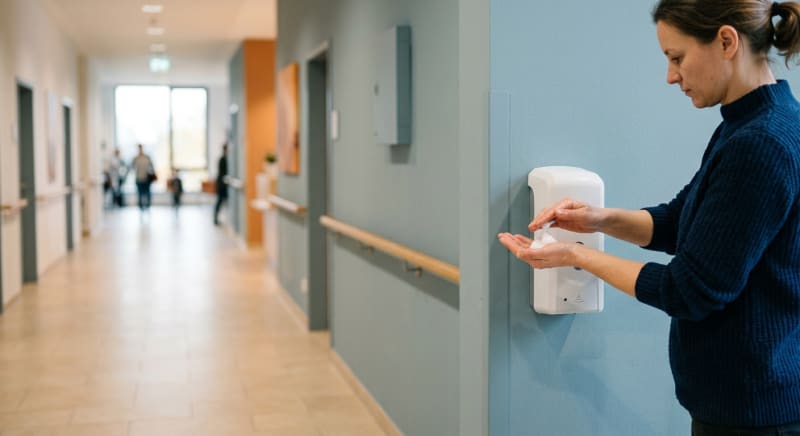 Wandmontierter Händedesinfektionsspender in einer hellen Pflegeeinrichtung wird benutzt