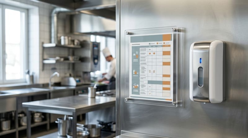 Wandmontierter Hygieneplan in einer sauberen gewerblichen Großküche neben einem Desinfektionsspender
