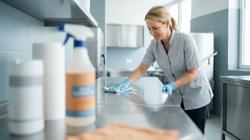 Mitarbeiterin reinigt mit Einweghandschuhen eine Edelstahloberfläche in einer Lebensmittelumgebung